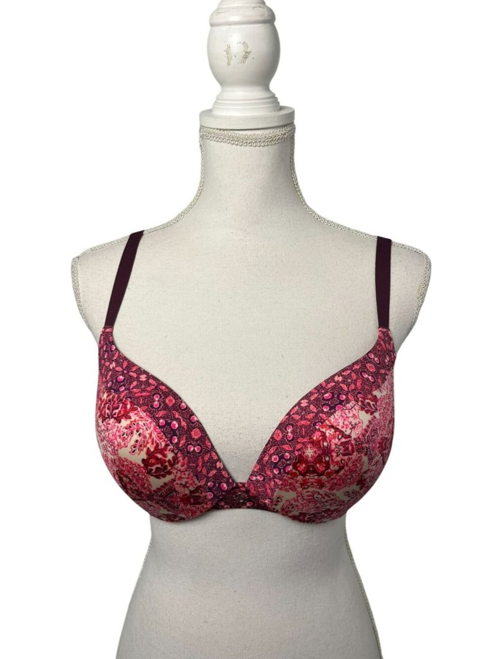 Victoria's Secret Push-Up Bra 34D Plum Floral Paisley Print USED